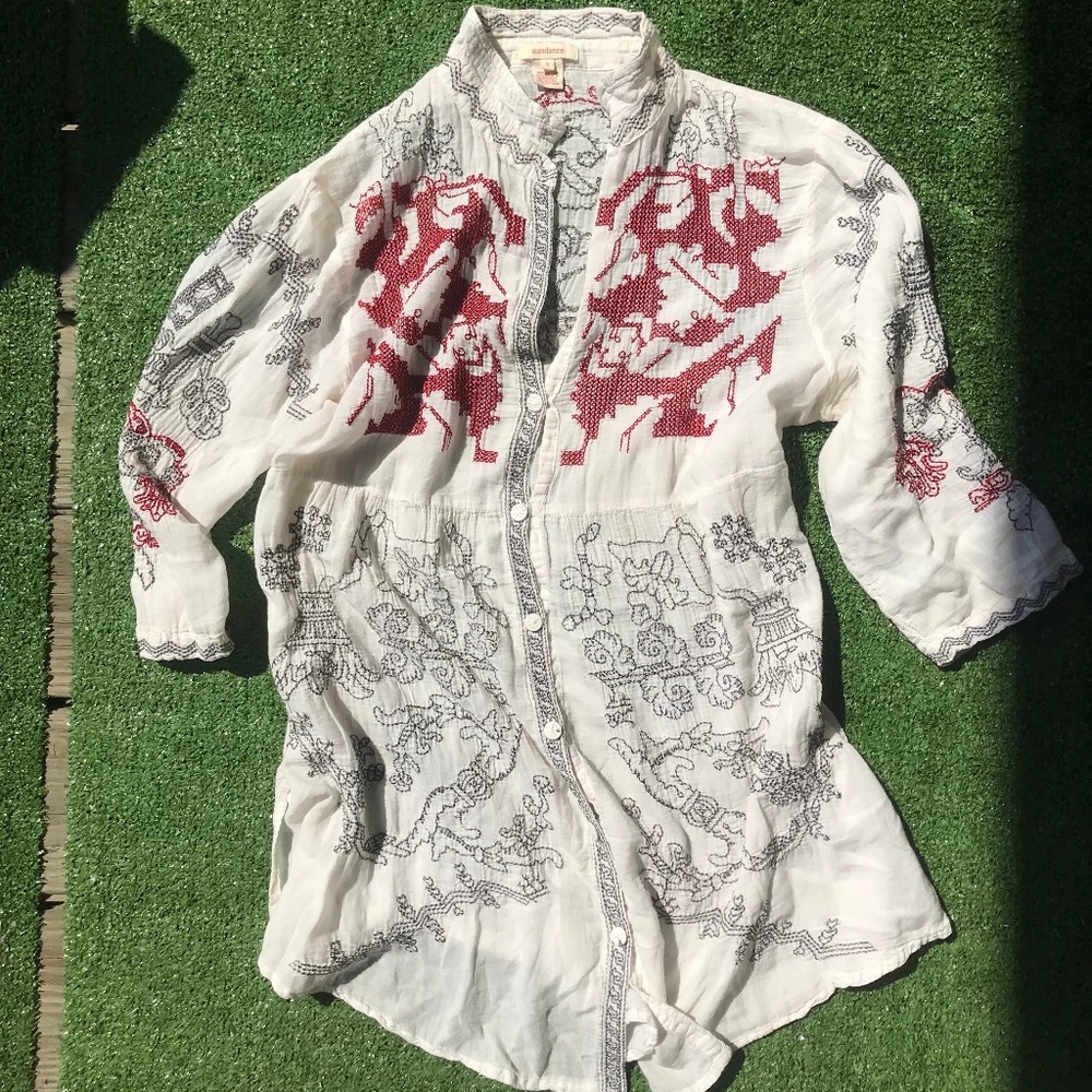 embroidered flowy button down top